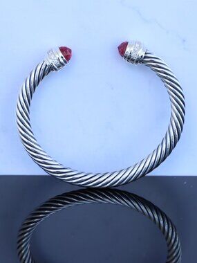 David Yurman Sterling Silver 7mm Cable Bracelet Tourmaline & Diamond size Medium